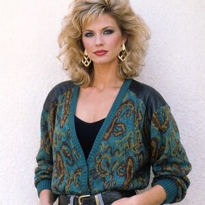 Vintage 80s Teal Paisley Cardigan Sweater Unisex Leather Shoulder Patches